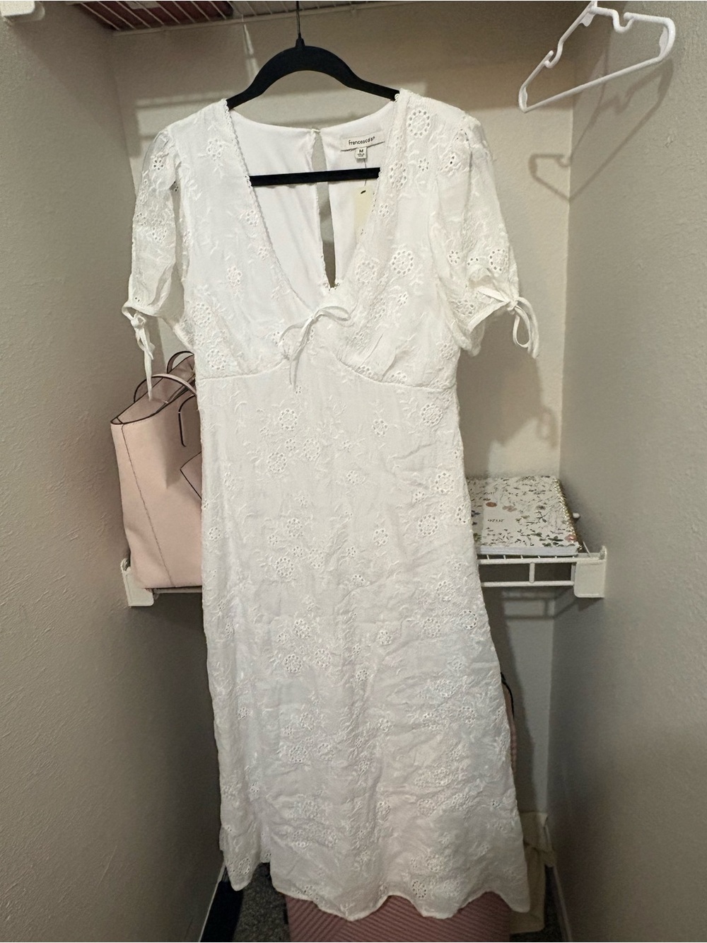 Francesca's Collections White Eyelet Maxi Dress with Tie Front